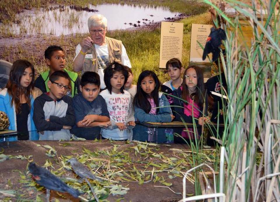Docent Mike Clarke shows Martone Elementary thirdgraders a wetlands